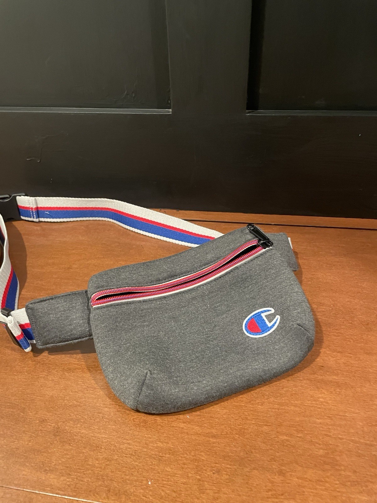 Champion Fanny Pack Waist Bag Grey Red Blue Stripe Adjustable Strap Logo