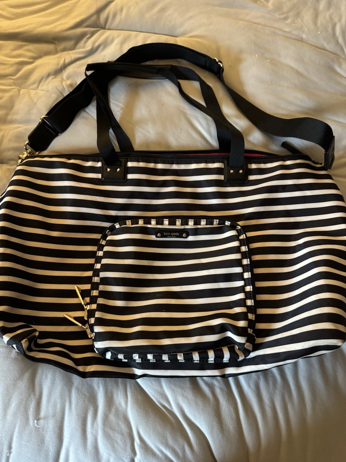 kate spade Watson Lane Lyla Black & White Stripes Nylon Packable Weekender Bag