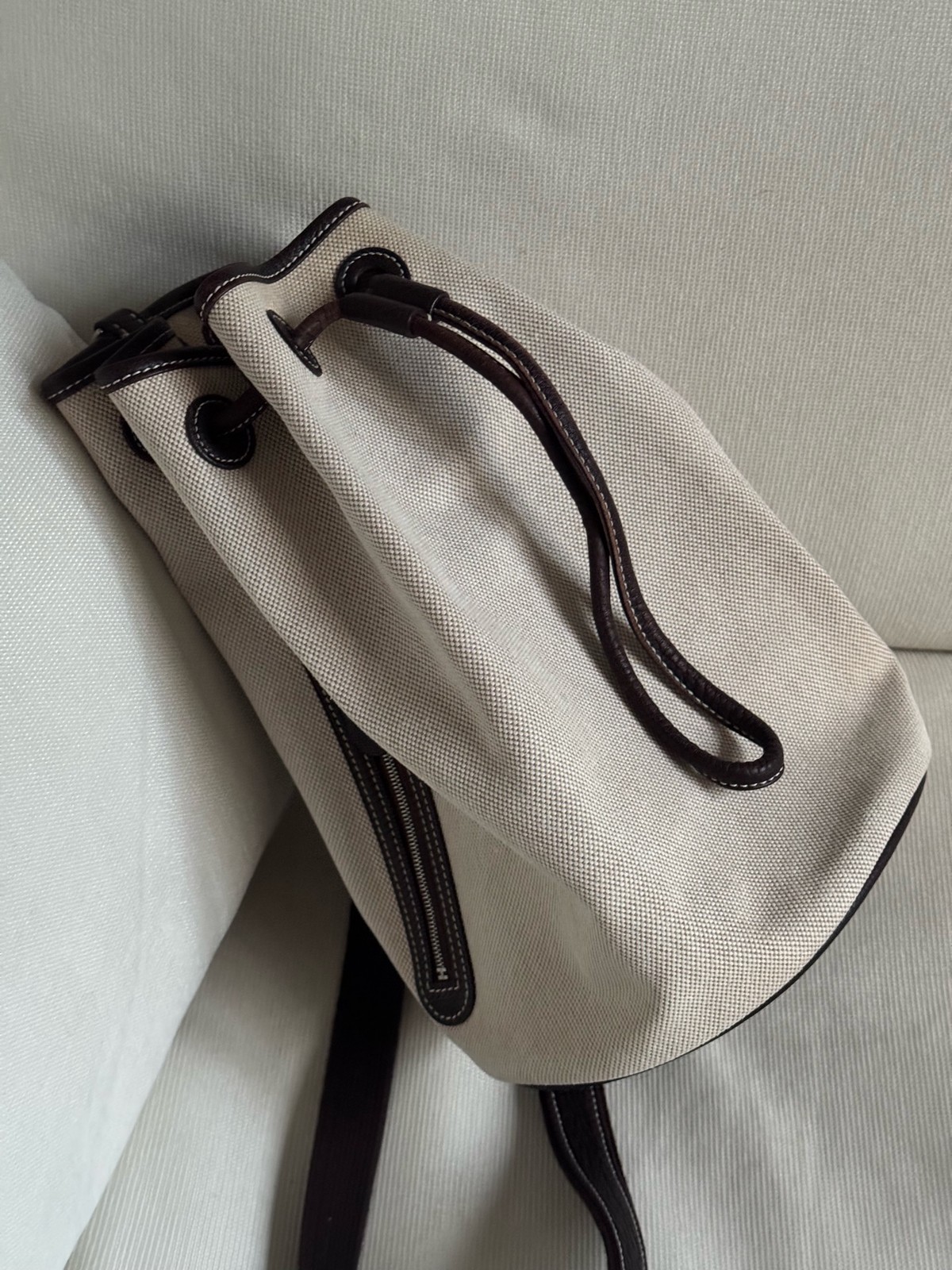 Hermes Bucket Bag Normal Size Beige Canvas Handbag Crossbody Bag Duty Paid