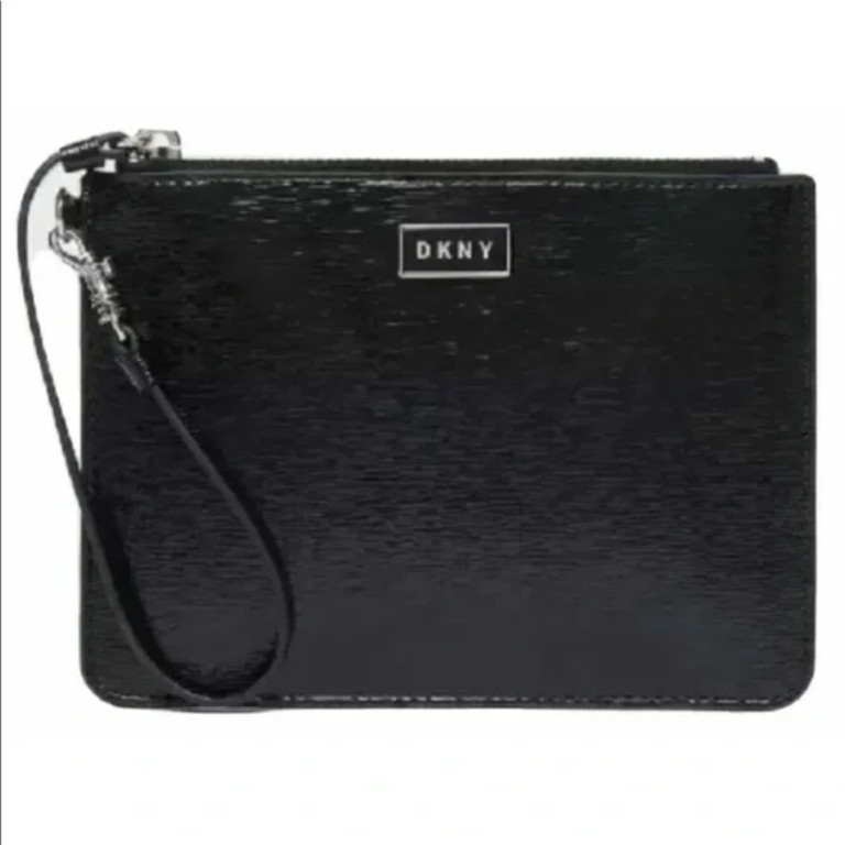 DKNY GIGI Wristlet Black Cross-Hatch Leather Black Silver