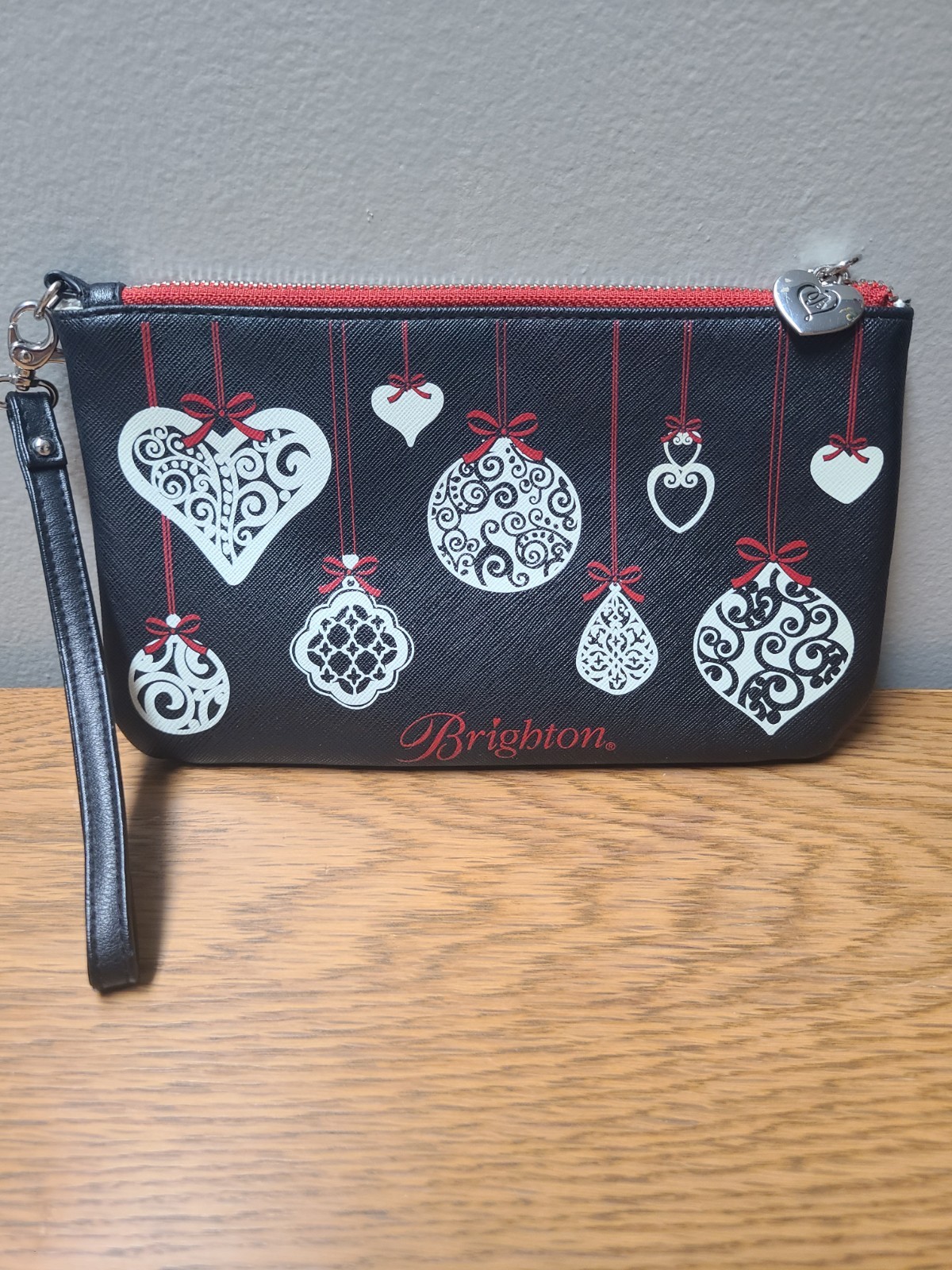 BRIGHTON Love Notes Zippered Wristlet Pouch . blk, white, red. holiday theme.