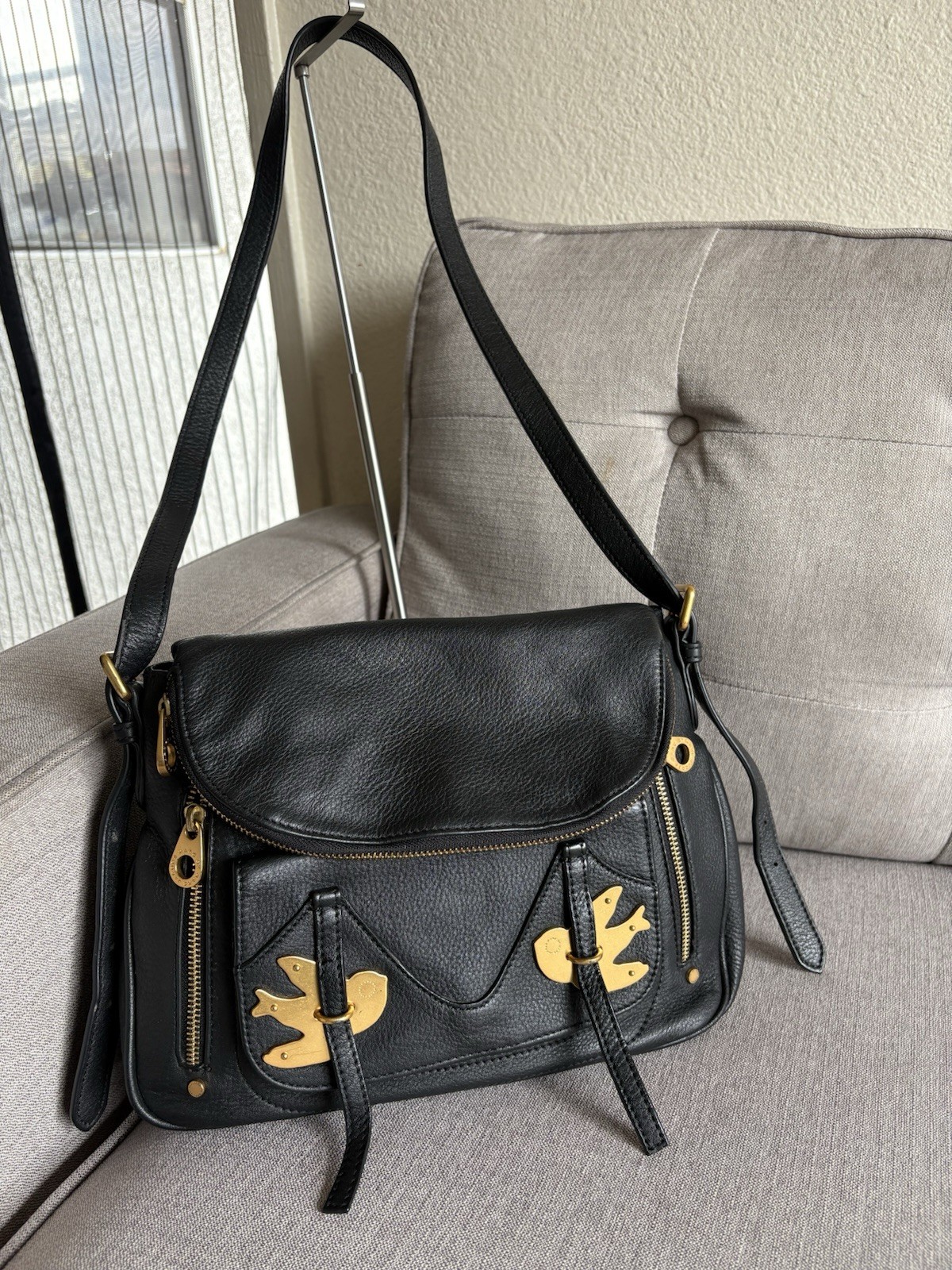 Marc by Marc Jacobs Petal To The Metal Bird Leather Shoulder Bag Black EUC