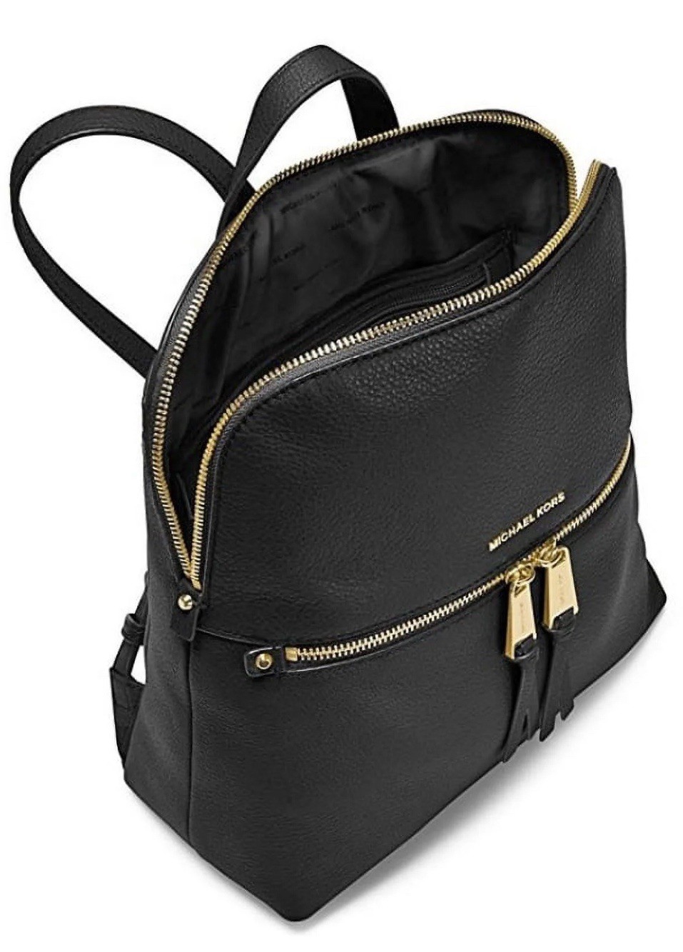 Michael Kors Rhea Daypack Black Leather Backpack with Gold Zipper Hardware