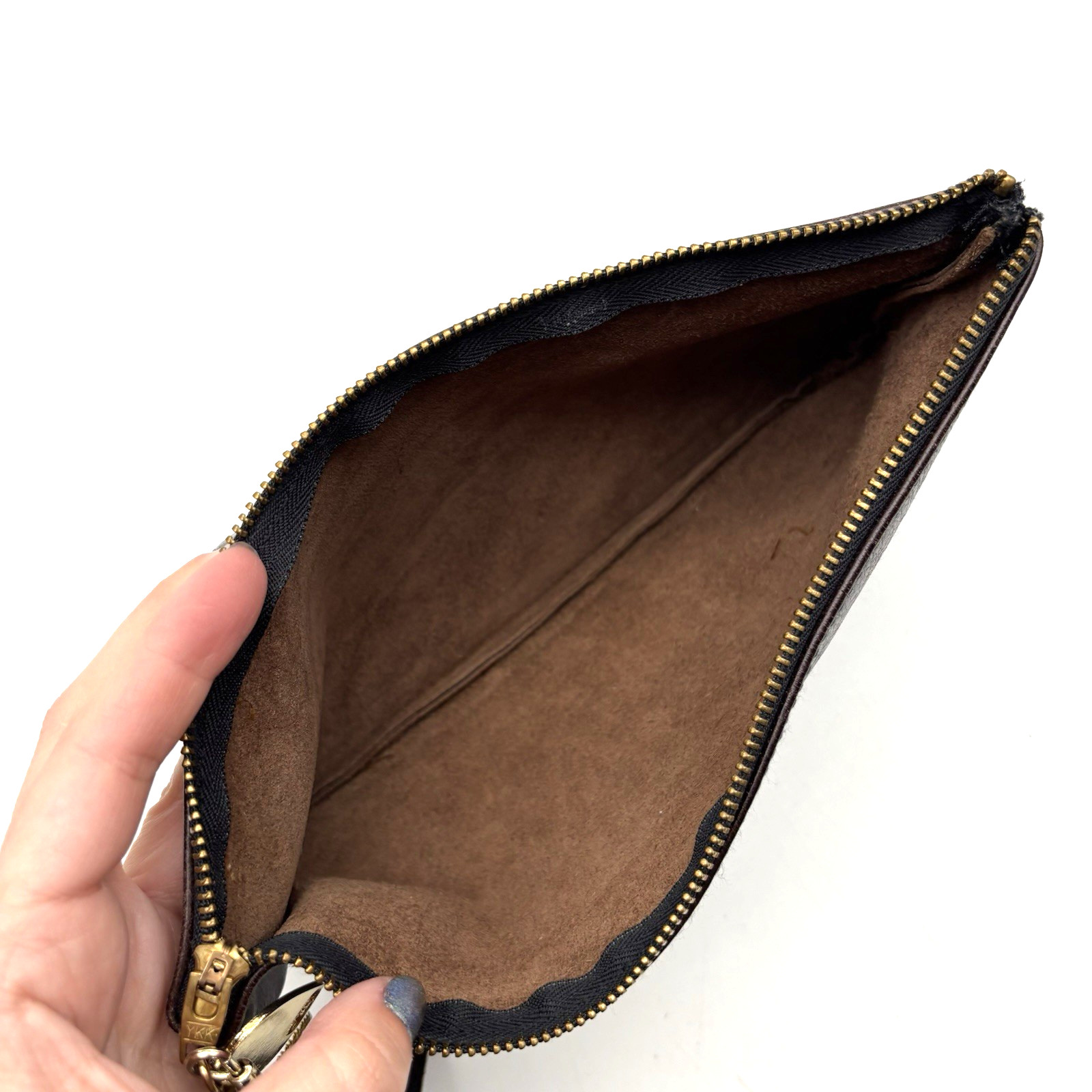 Vintage 90s Moss Mills USA Brown Genuine Leather Bag Charm Zip Wristlet 10×5.5″