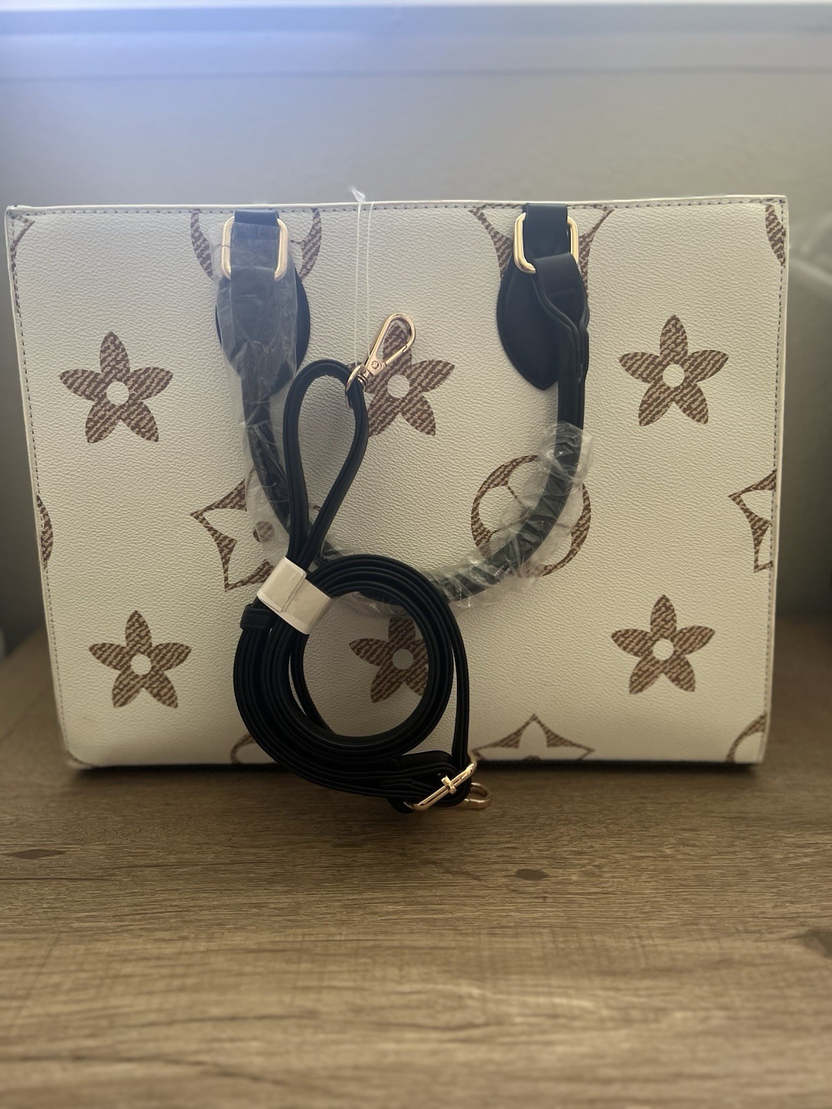 Designer Inpired White And Brown Print Handbag