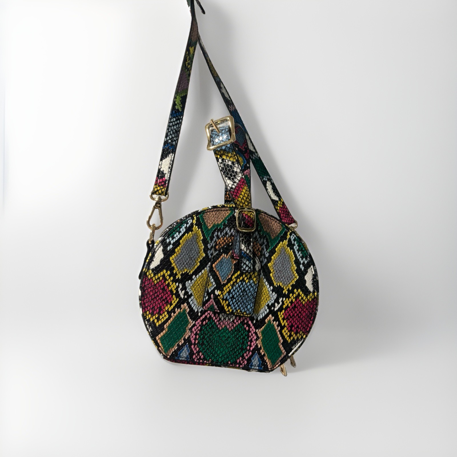 Multicolor Snakeskin Print Round Crossbody Bag Adjustable Strap Zip Gold HW