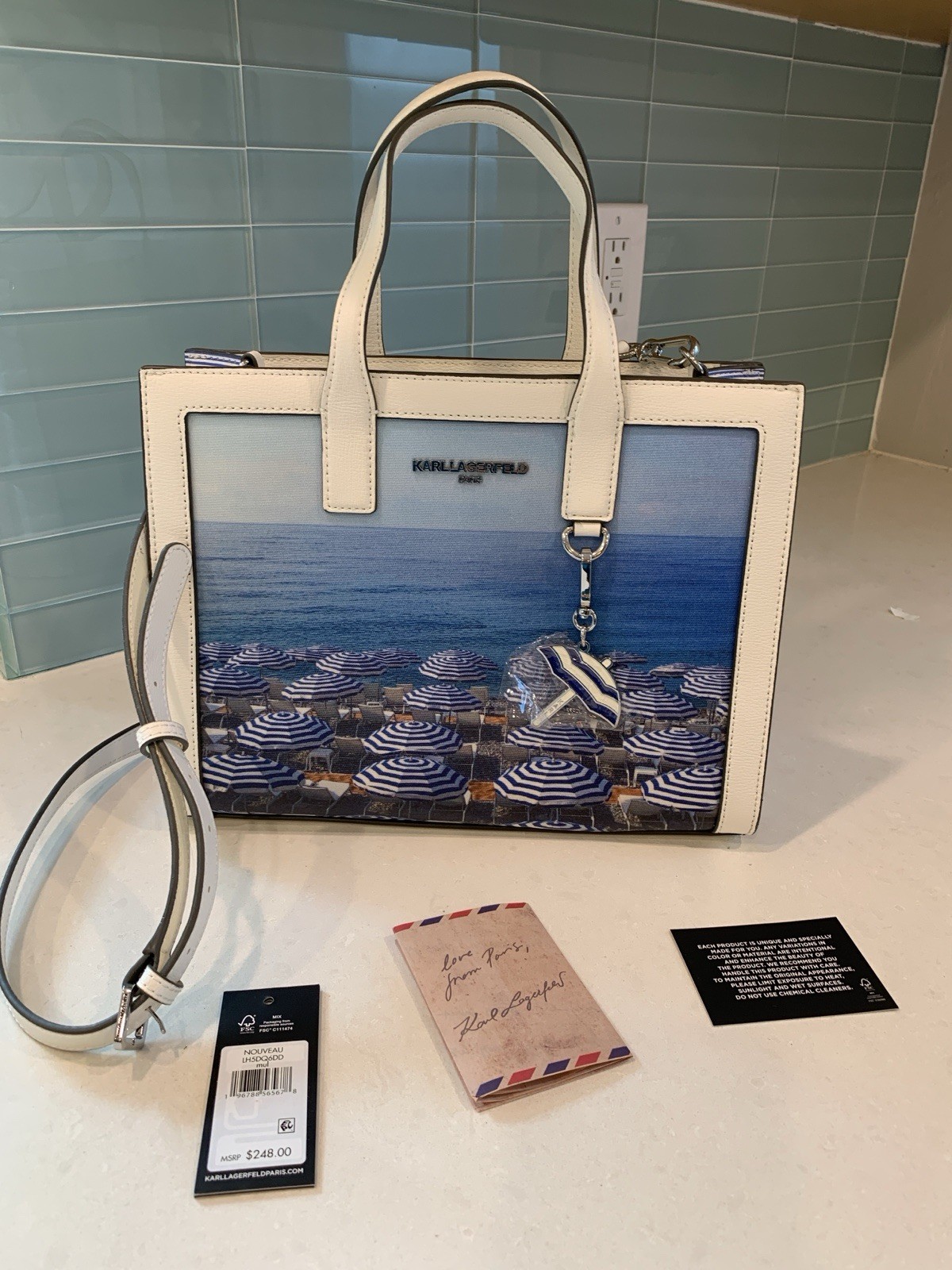 Karl Lagerfeld Rare White Satchel with Beach Umbrella Theme & Charm NWT No Flaw