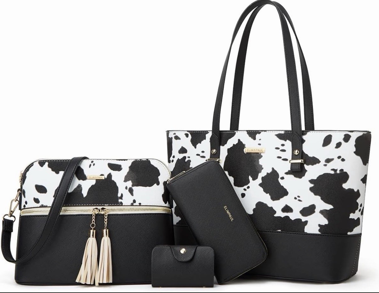 Black/White Cow Print Tote 3pc Set Tassel Zip Crossbody Wallet Gold Hardware