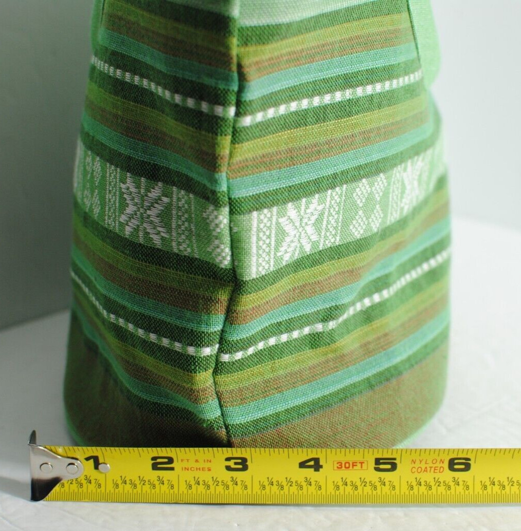 Women Canvas Green Striped Handbag Short Round Handles Zip Closure 11 inches