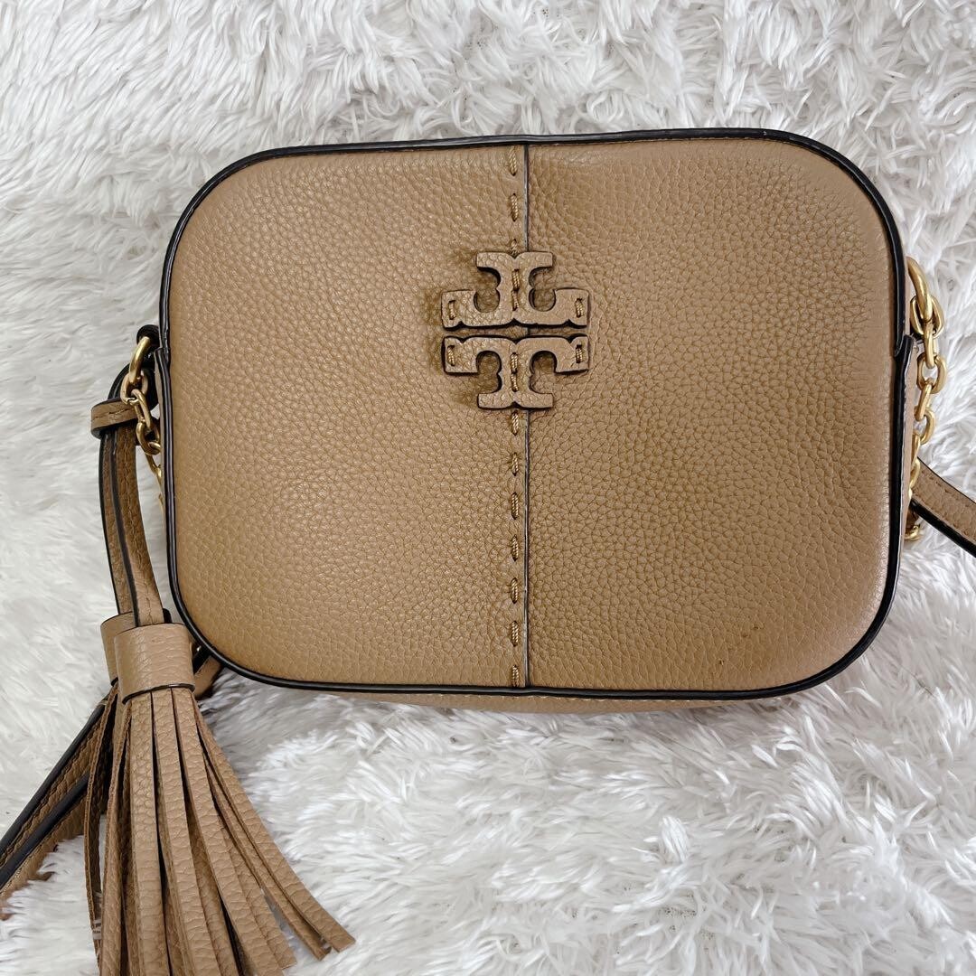 Tory Burch McGraw Camera Bag Camel Beige Leather Crossbody Gold Hardware 7.87in