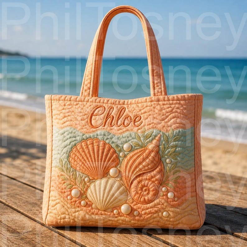 Personalized Seashell Quilted Tote Bag, Custom Name Beach Shoulder Bag, Coastal