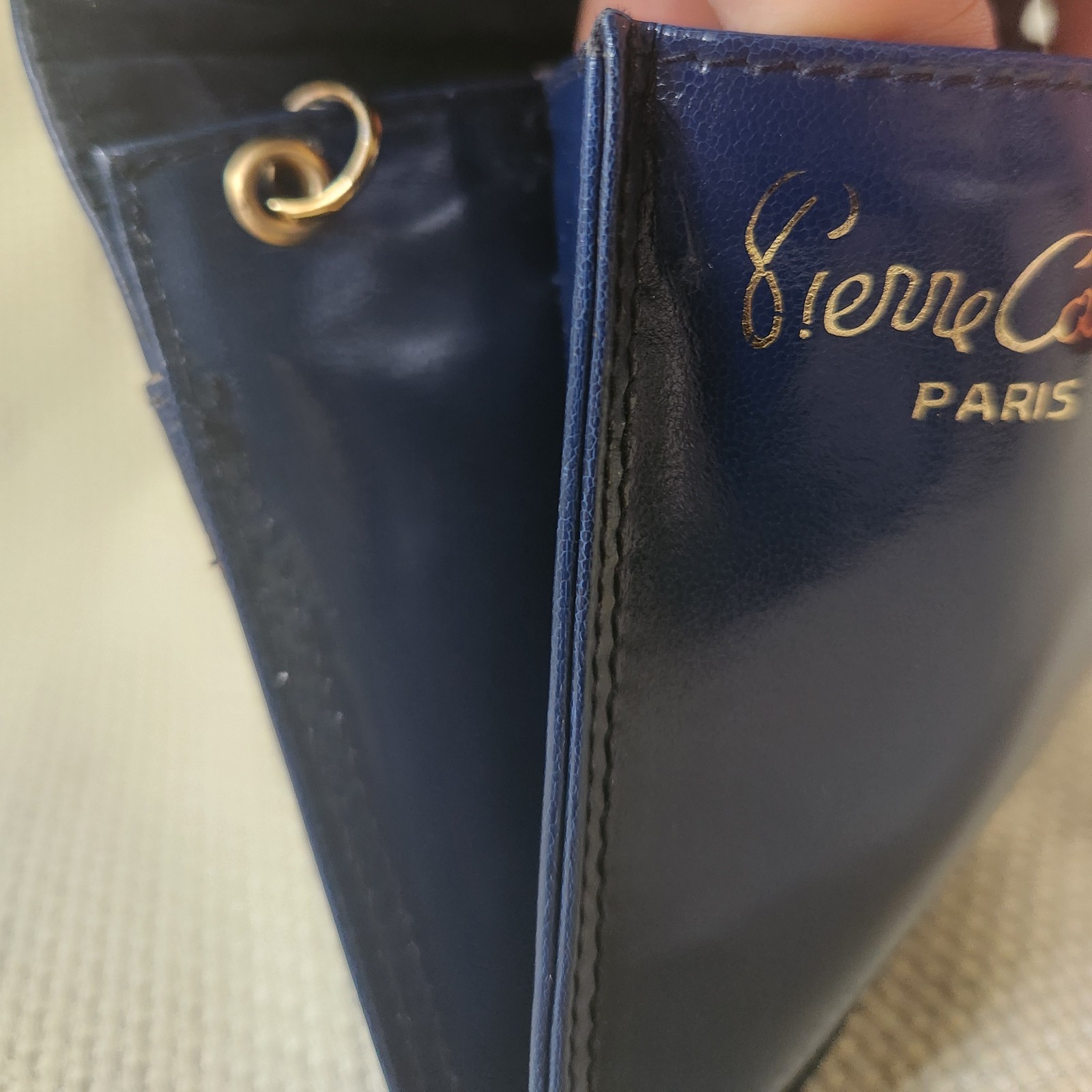 VTG Pierre Cardin Paris Navy Leather Envelope Clutch Gold Logo Made in Italy 70s