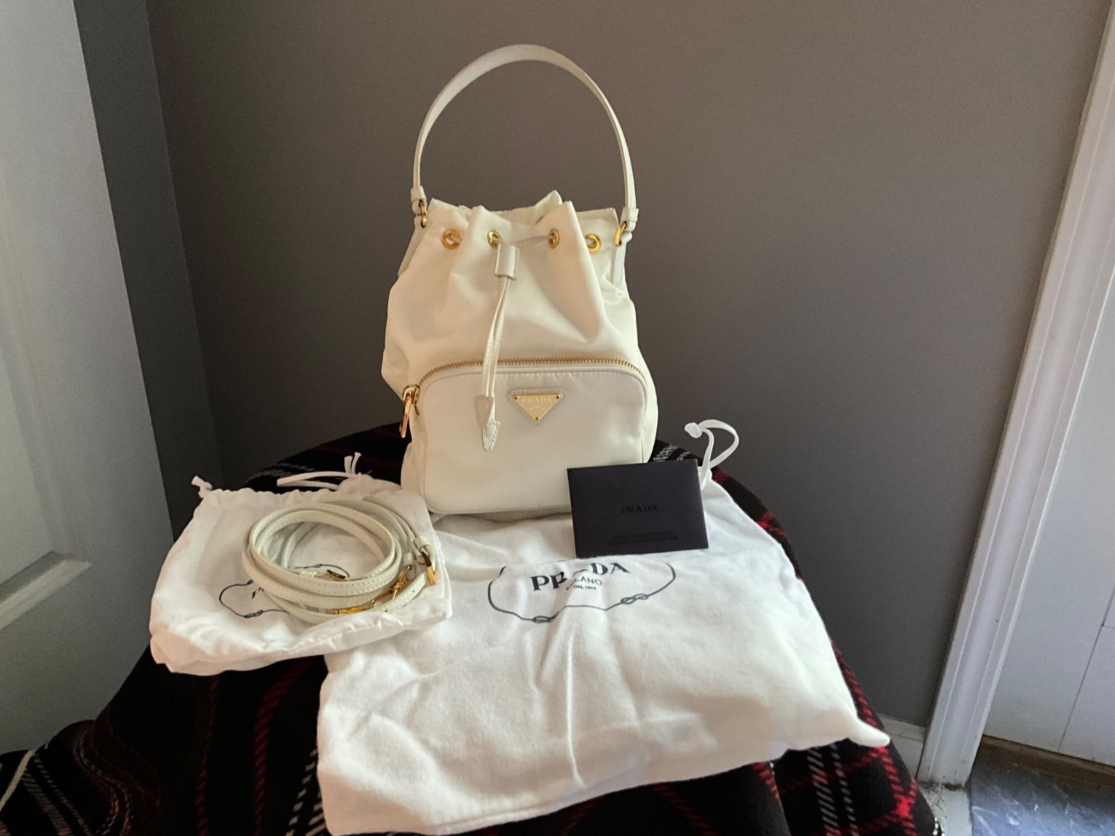 Prada Duet Re-Nylon Bucket Bag – white
