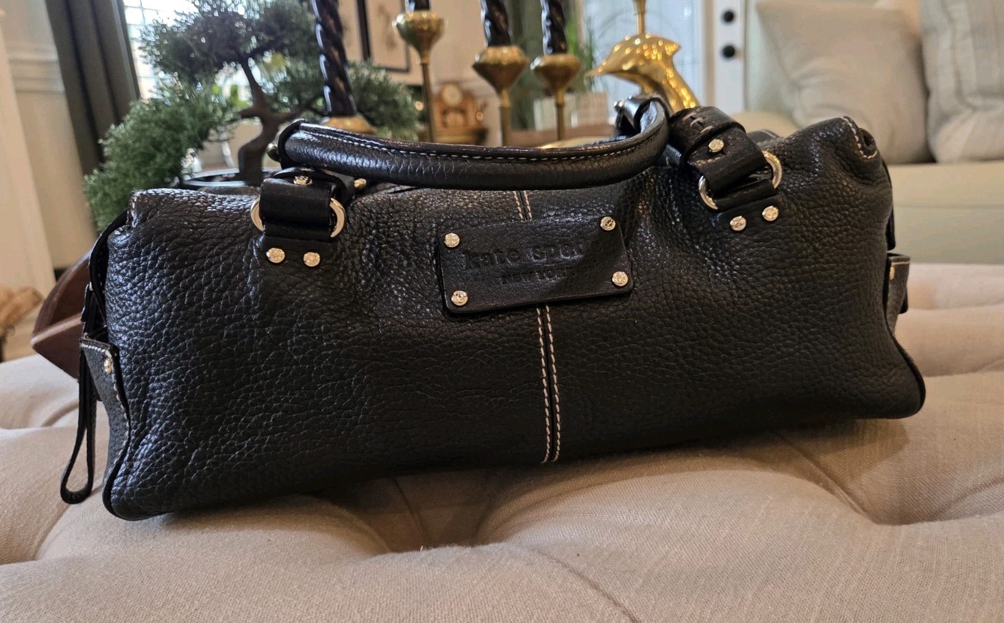 Vintage Kate Spade Cami Foster Black Leather Barrel Bag Satchel Office Workwear