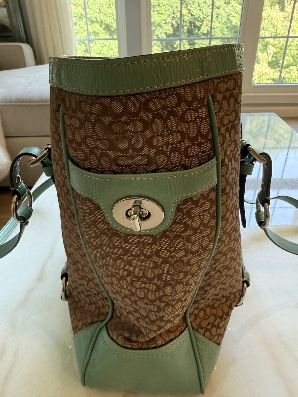 COACH Signature Tote Bag Brown/Green Turn Lock, Silver Hardware Detachable Strap