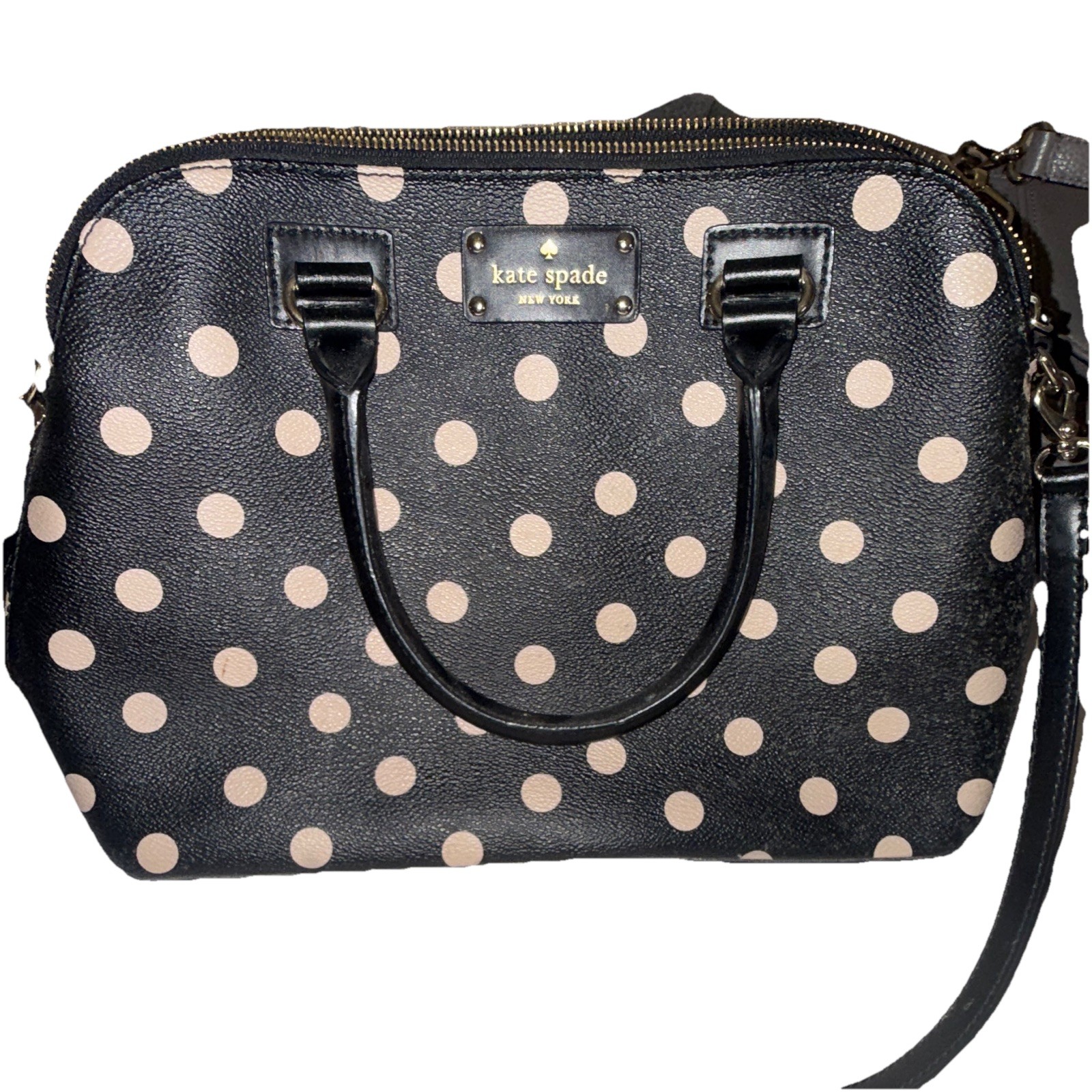 Kate Spade New York Black Beige Polka Dot Zip Satchel Detach Strap Gold HW