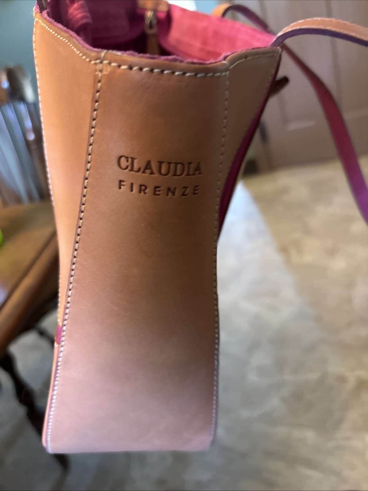 Claudia Firenze Tan Italian Leather Handbag Tote with Dk Pink Suede Trim Accents