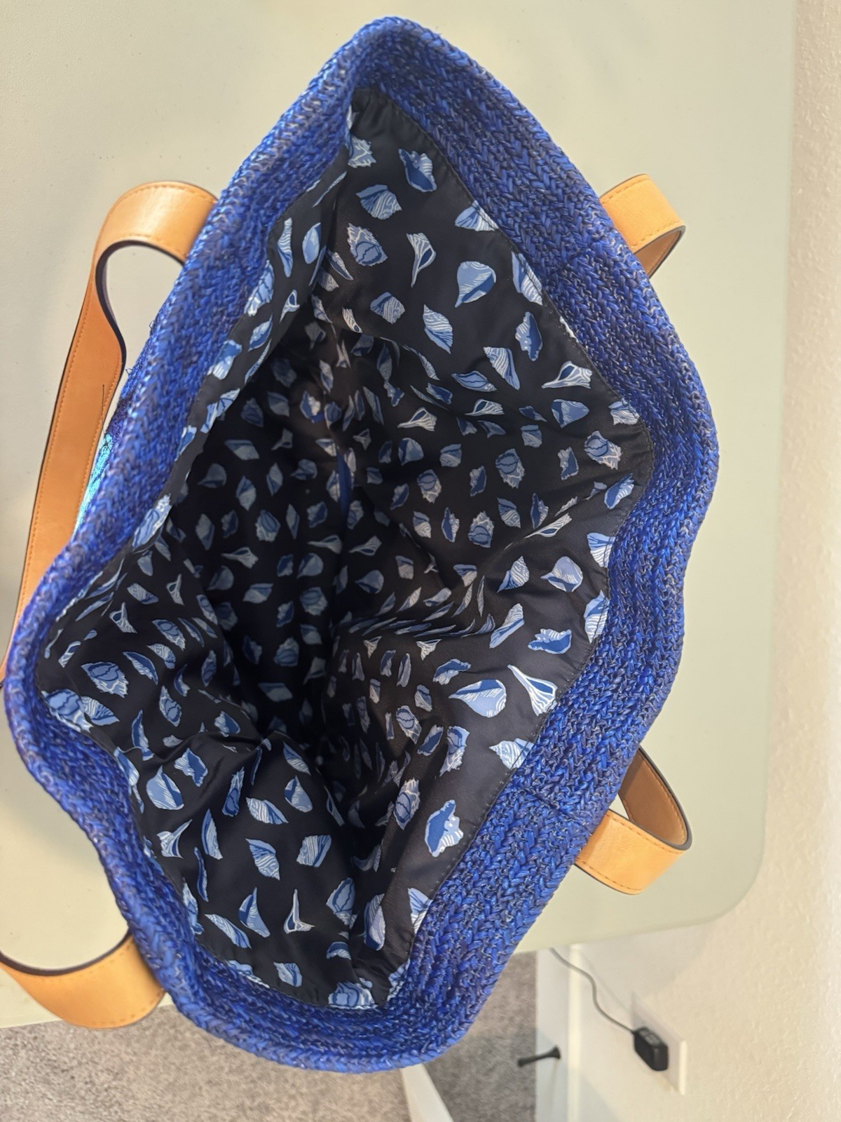 Vera Bradley Straw Beach Tote Classic Navy with Embroidered Sea and Turtle Motif