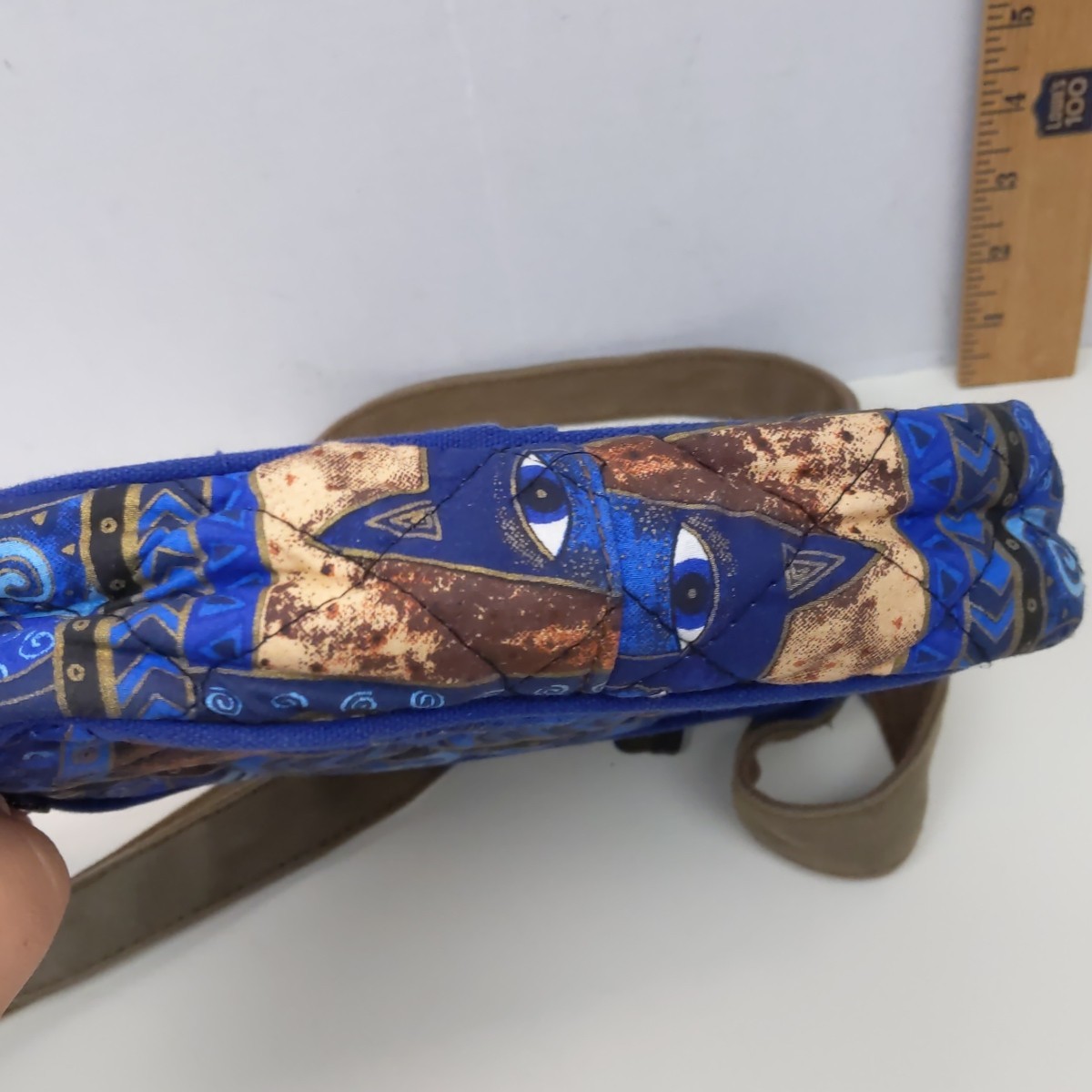 Laurel Burch Cat Print Crossbody Bag Blue Quilted Canvas Adjustable Strap Zip