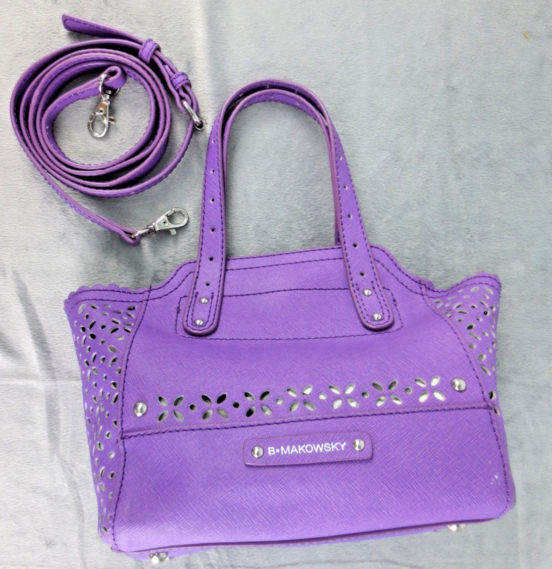 B. Makowsky Purple Saffiano Leather Mini Tessa Tote Perforated Satchel NWOT P27