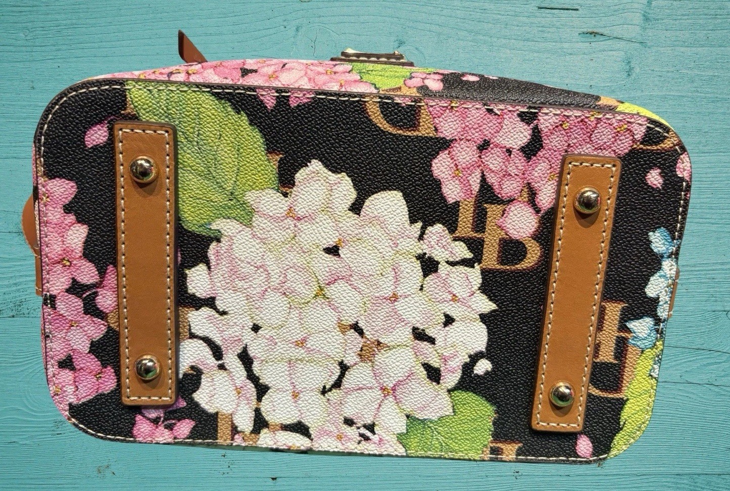Dooney Bourke Black Pink Blue Hydrangeas Floral Flower Drawstring Bucket Bag
