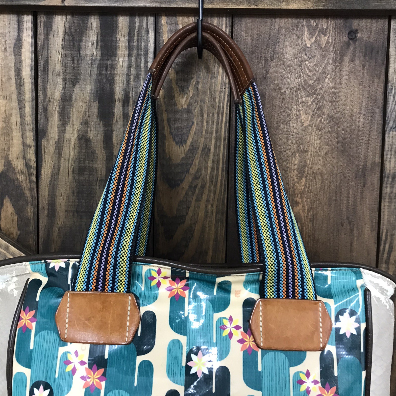 Consuela Classic Tote Purse Blue Cactus Print 2 Handle Leather Trim Distressed