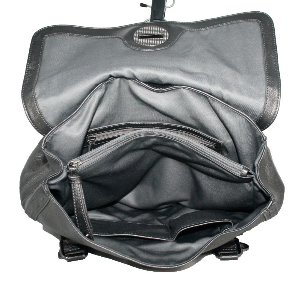 AUDREY BROOKE Large Turnlock Hobo Shoulder Bag Dark Pewter Leather Whipstitching