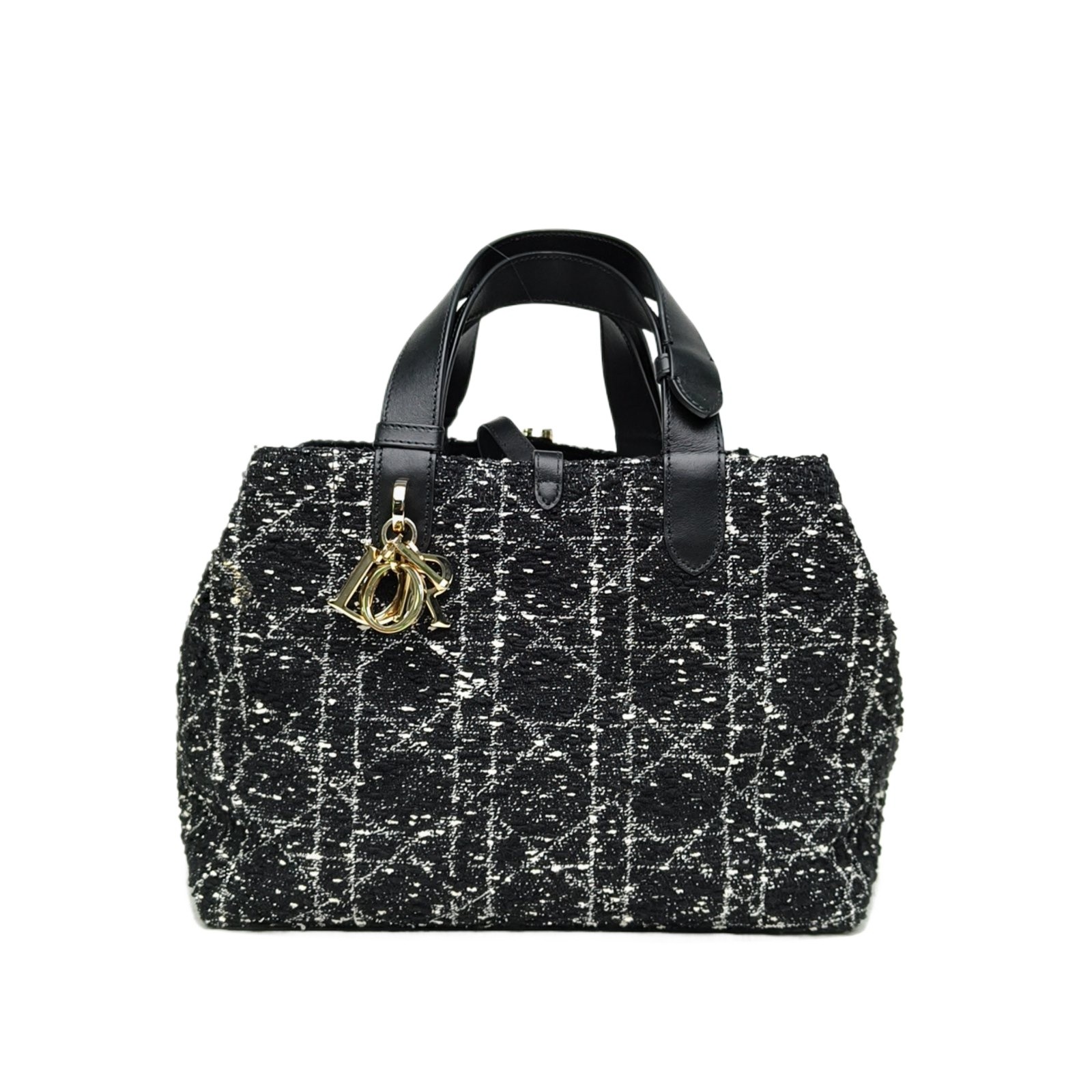 DIOR Toujours Medium 28.5cm Black White Woolen Fabric Handbag