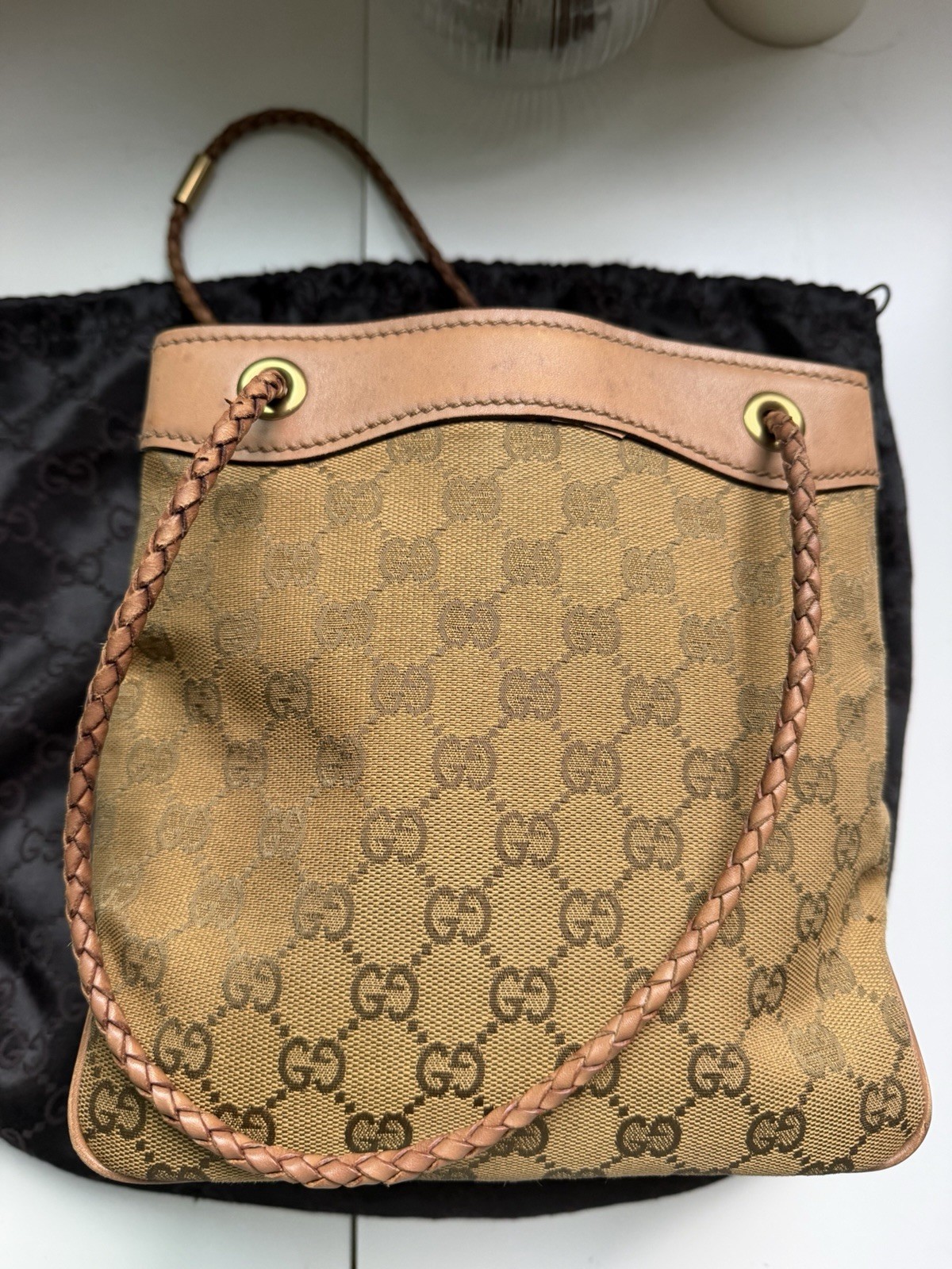 Gucci GG Monogram Drawstring Shoulder Bag Beige/Brown, Pockets, Dust Bag