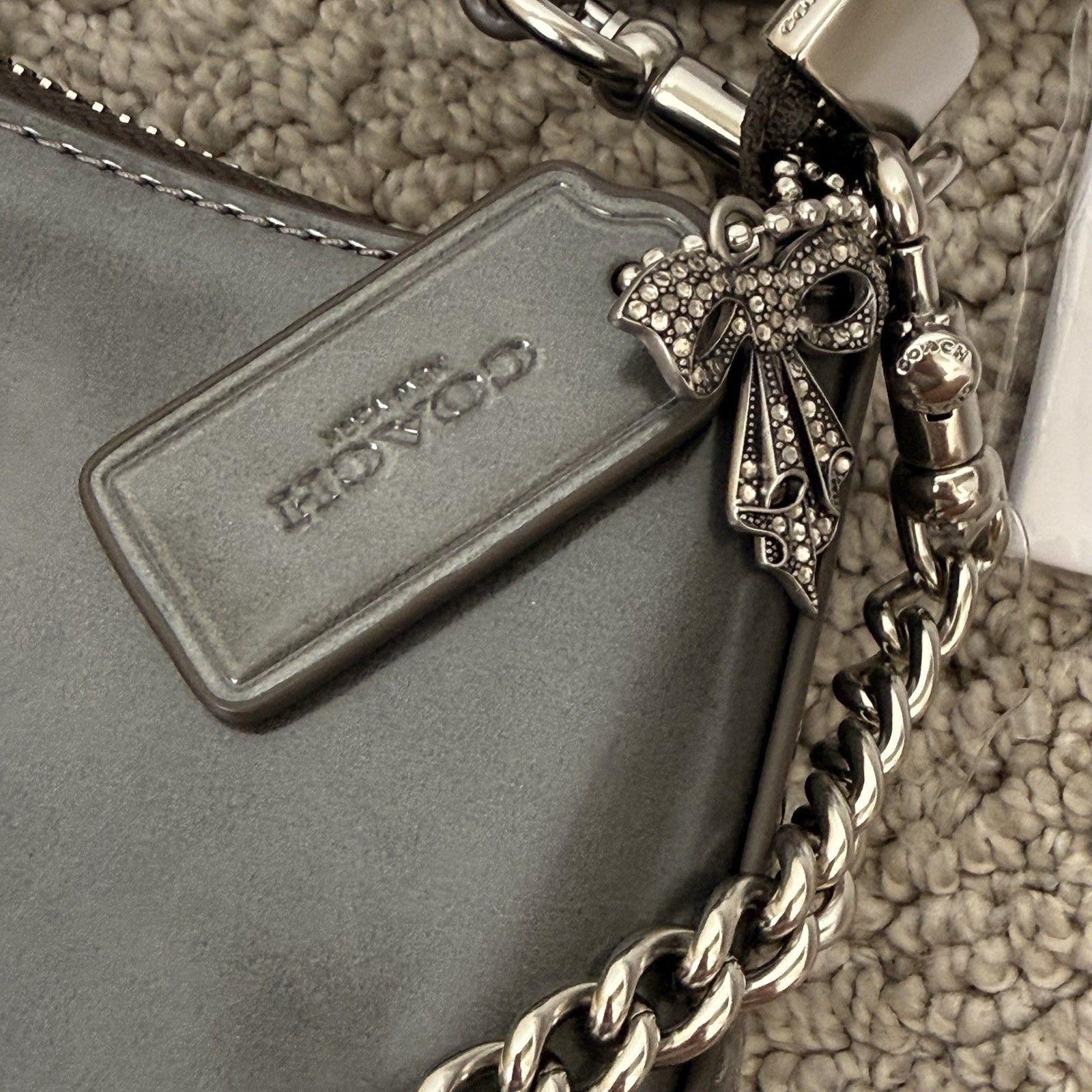 COACH Teri Mini Crossbody Bag w/Charm Metallic Gunmetal Spazzolato Leather CCE83