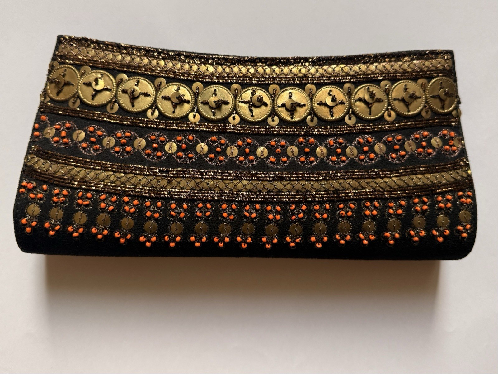 Lotus London Beaded Black Microsuede Clutch w/Snap Magnetic Closure