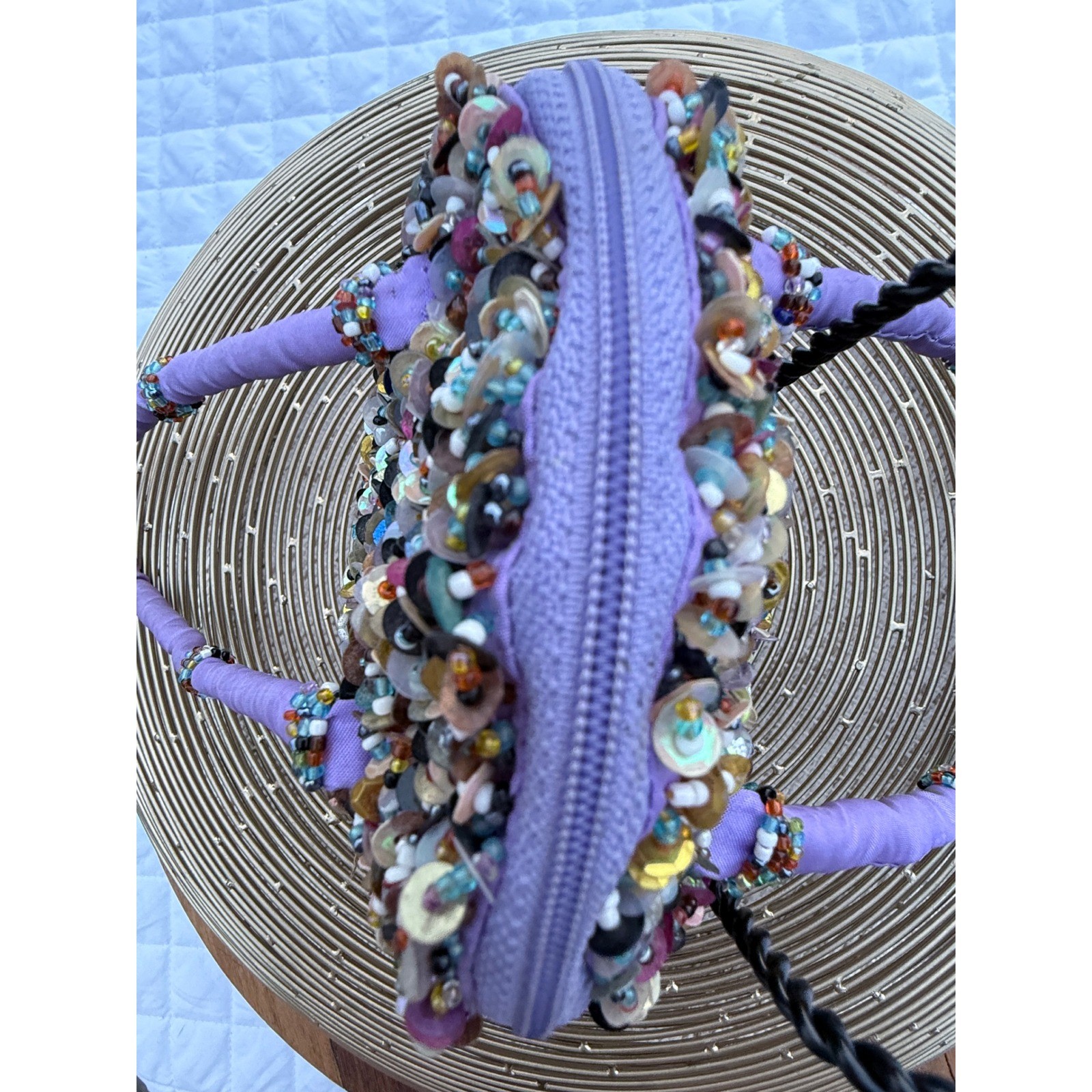 Kitschy Artsty Purple Beaded Sequin Mini Handbag Multi Color Embellished Purse