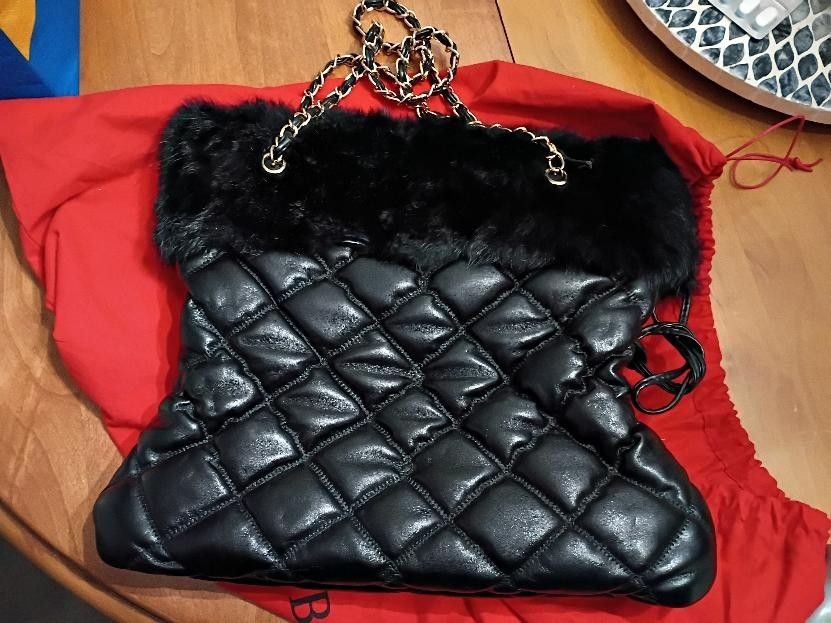 Black Martine Sitbon Paris Bag Very Unique with Fur Trim & Eiffel Tower Zip Pull
