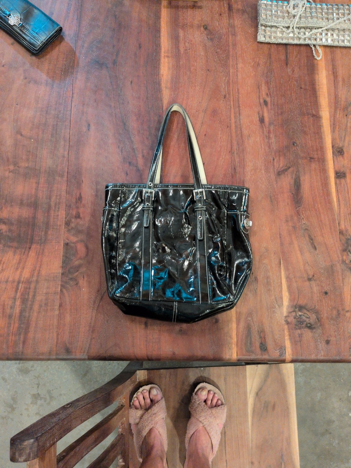 Vintage Coach Black Patent Leather Gallery Tote Bag