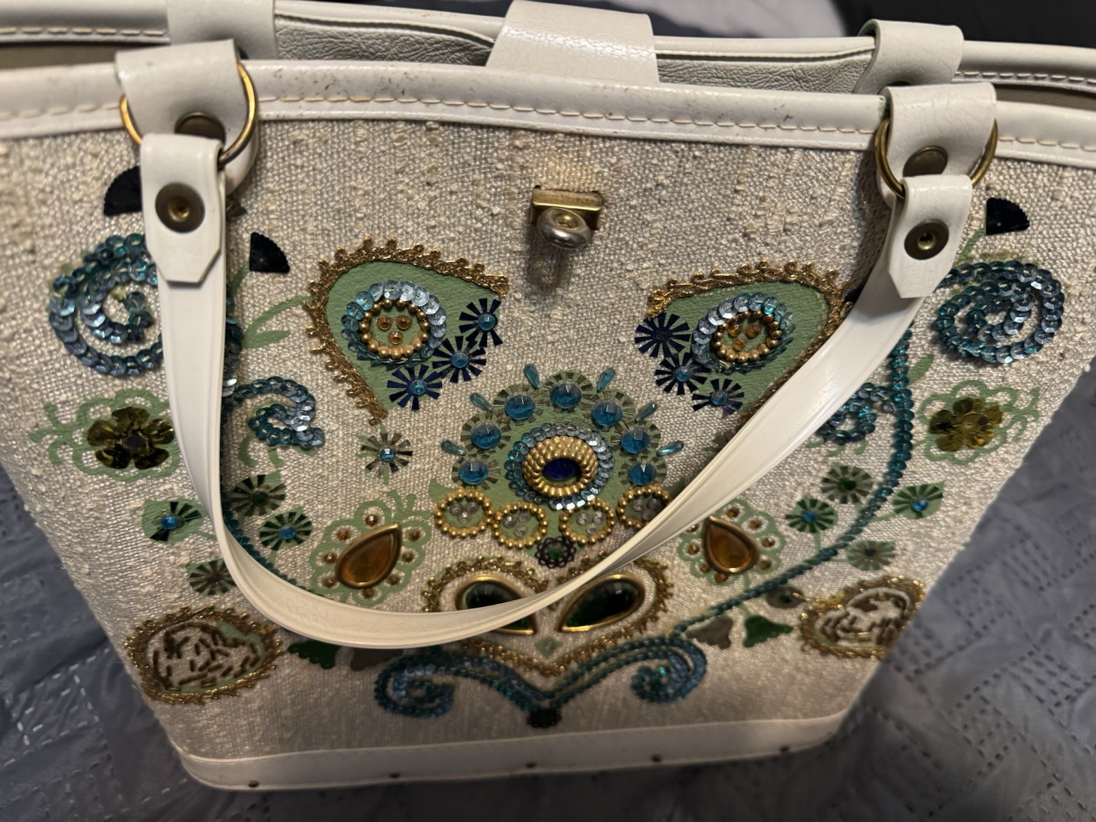 Vintage Unbranded Sequined Purse, Teal Accents, 11 Inches Tall X 12 Inches Long