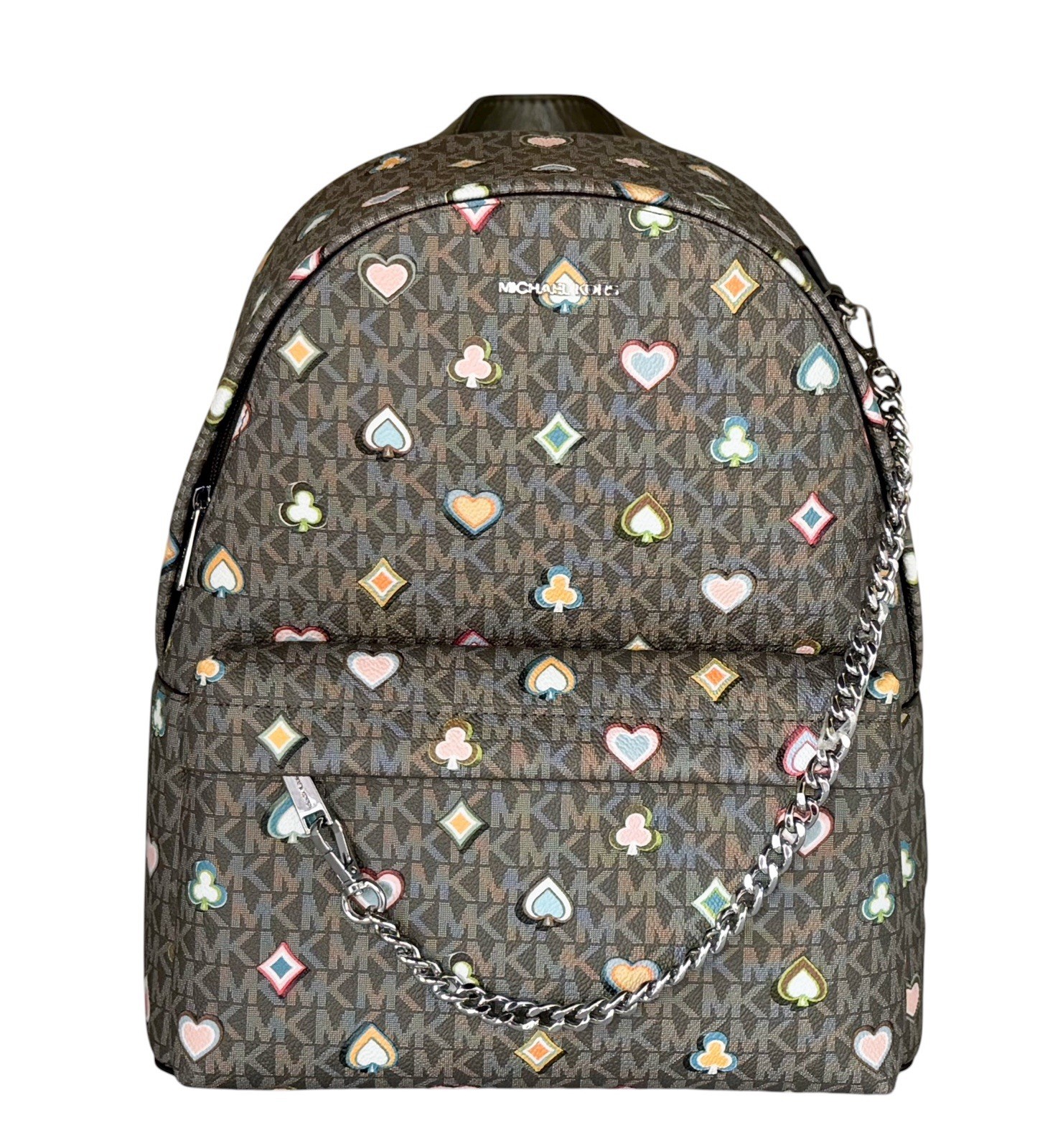 Michael Kors Slater Medium Chain Backpack MK Hearts Spades Diamonds Clubs Olive