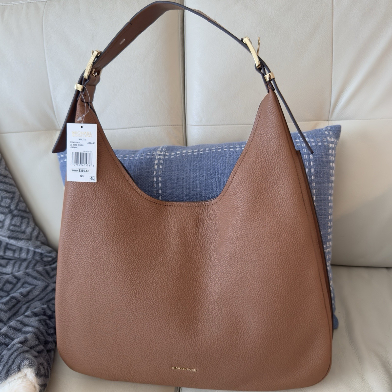 Michael Kors Large Nolita Hobo Shoulder Bag Brown Pebbled Finish Gold Hardware