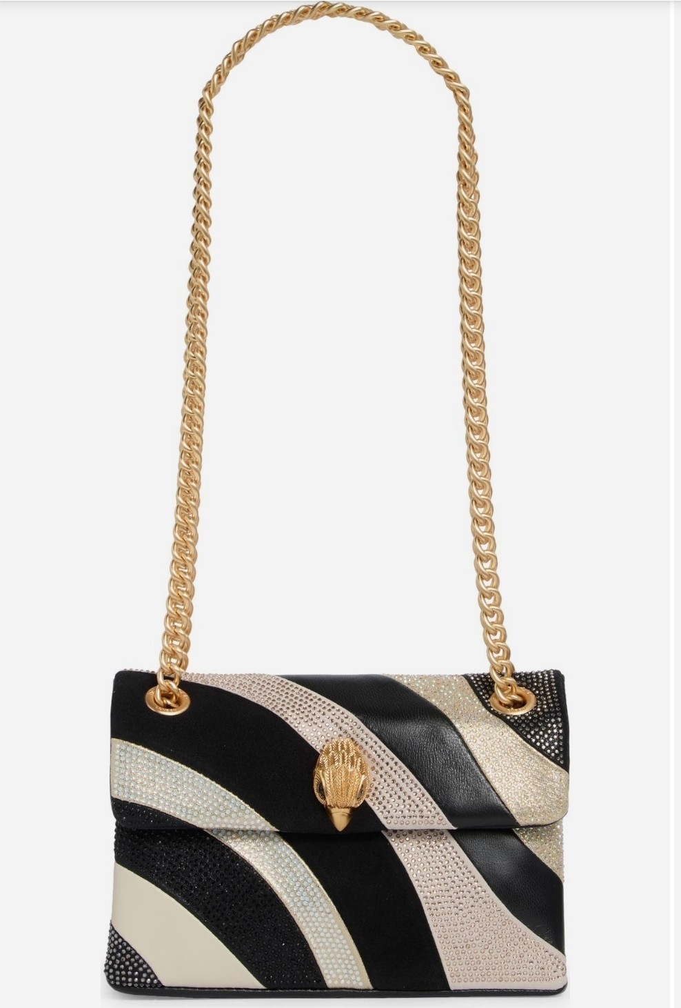 Kurt Geiger Black Striped Crystal Flap Shoulder Bag Gold Chain Strap