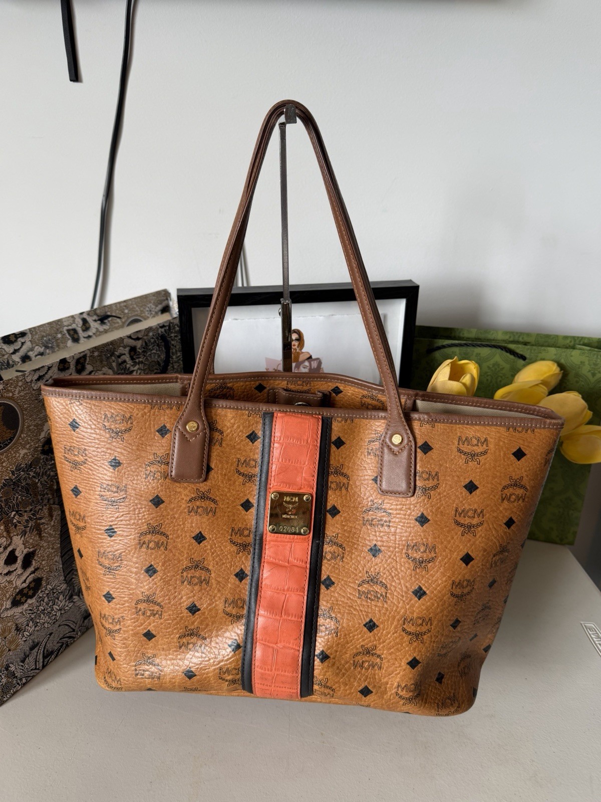 Authentic MCM Visetos Shopper Tote Cognac Monogram Orange Leather