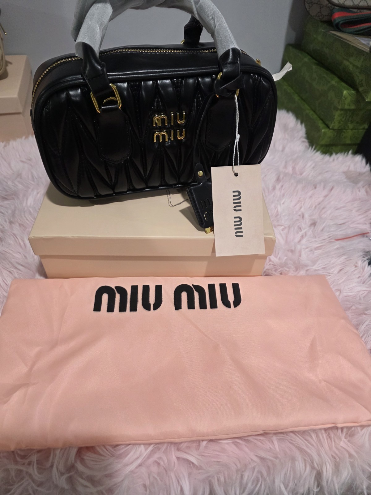 Miu Miu Matelassé Quilted Top Handle Satchel Black Zip Gold w/ Dust Bag