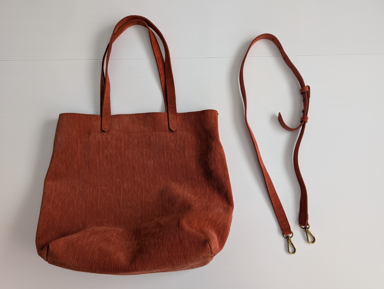 Madewell Ribbed Leather Tote Bag Rust Brown Open Top Shoulder Strap