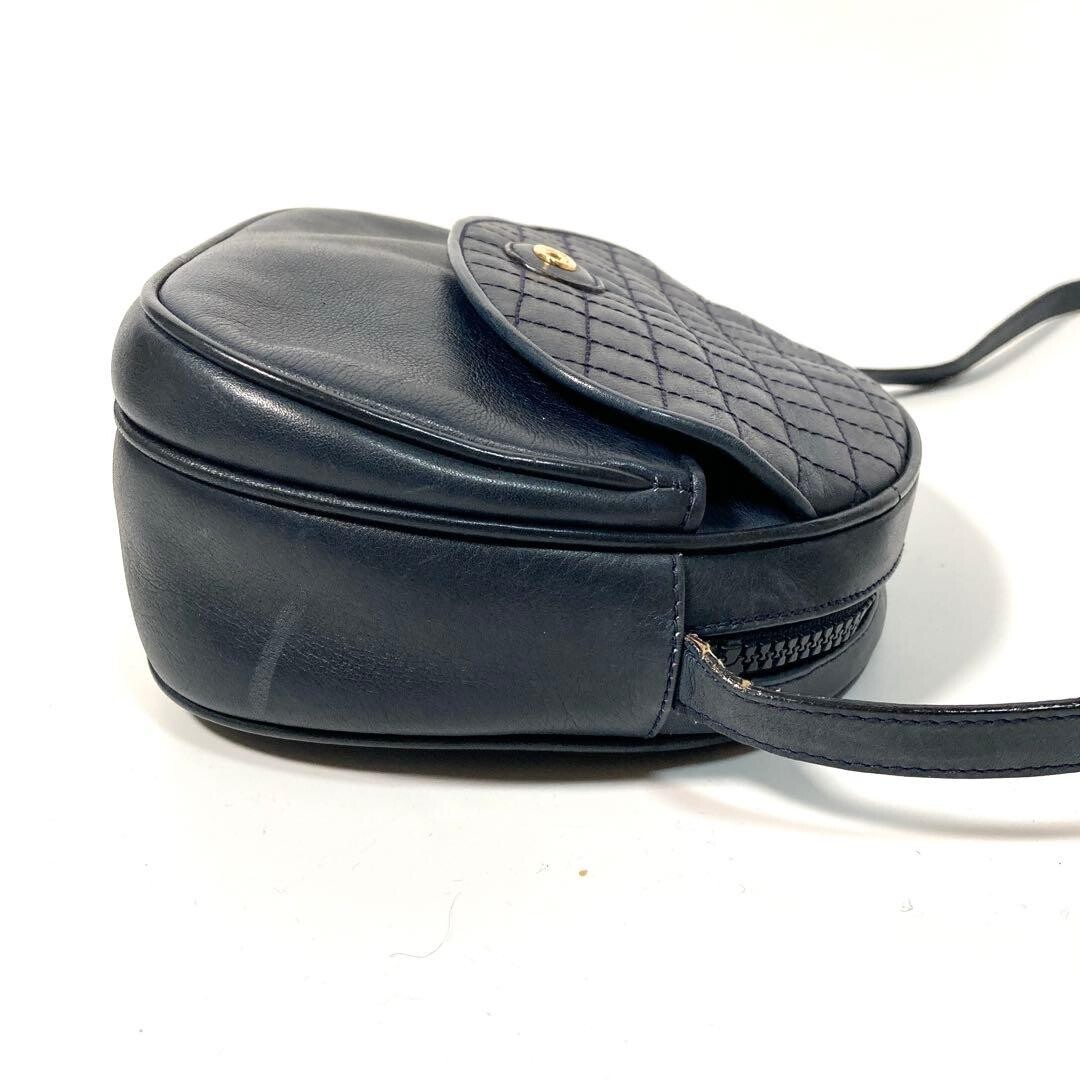 CELINE Quilted Leather Shoulder Bag Triomphe Macadam Dark Blue Gold Auth