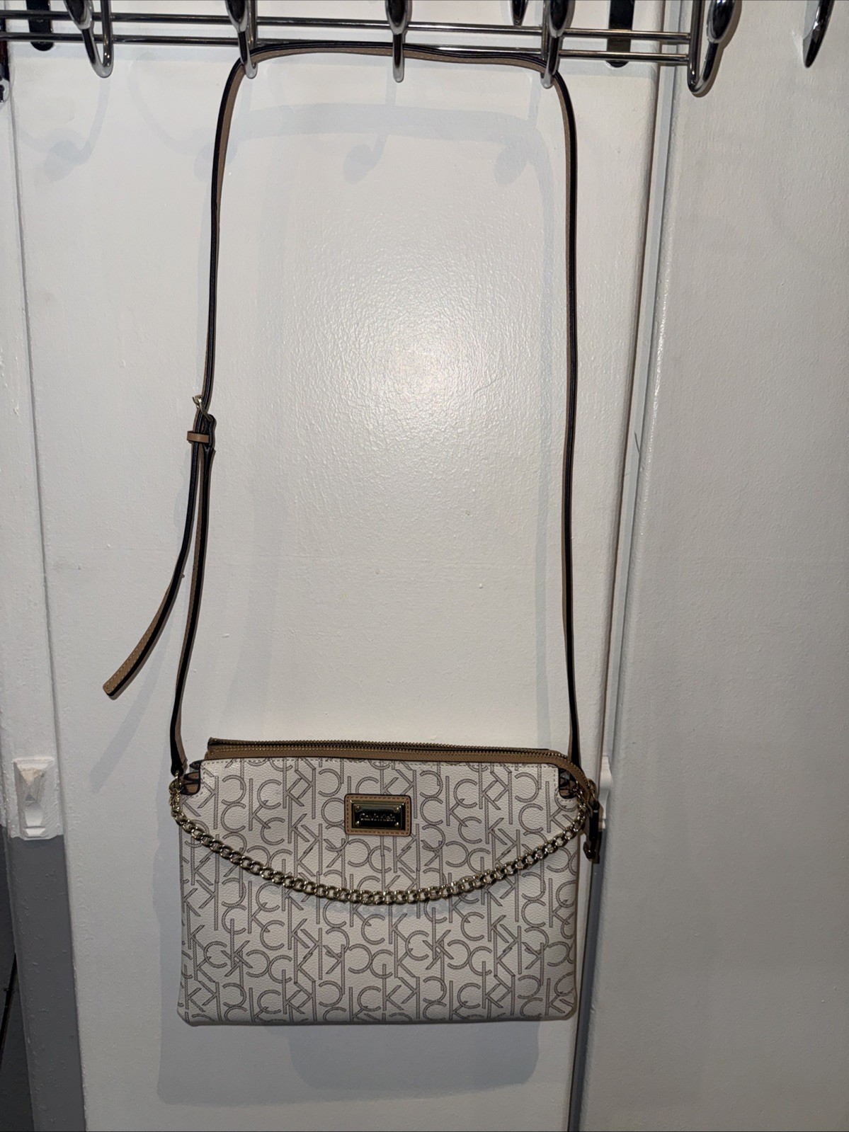 Calvin Klein Signature Monogram Crossbody Bag Tan Khaki Gold Hardware and Chain
