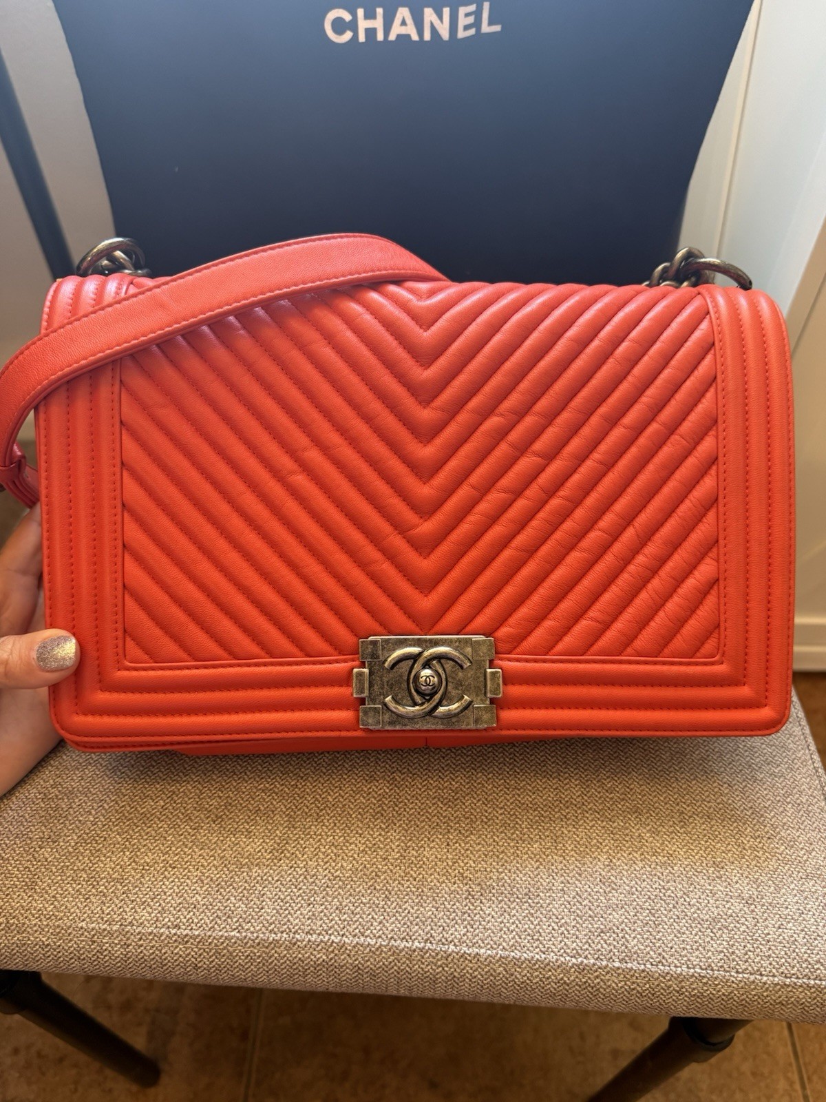 CHANEL Boy Orange Chevron Quilted Flap Chain Strap Small Crossbody Bag
