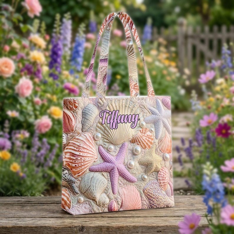 Personalized Seashell Quilted Tote Bag, Custom Name Beach Shell Shoulder Bag, Co