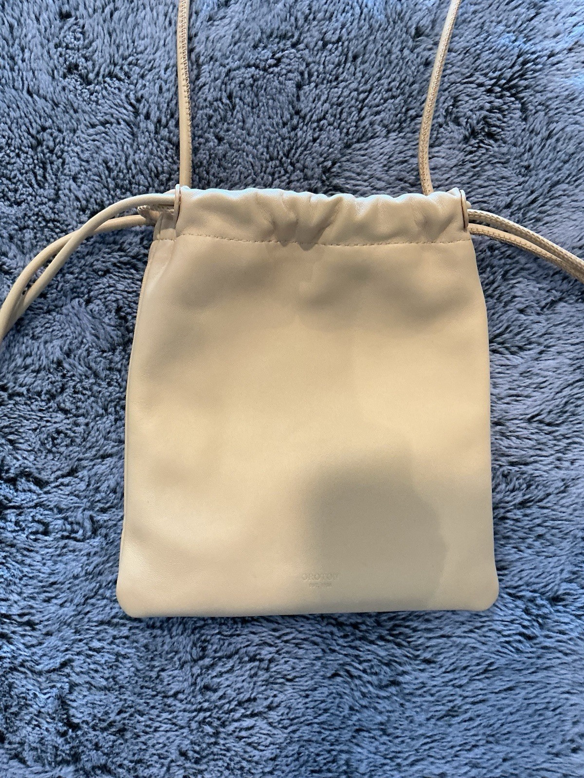 Oroton Light Tan Leather Drawstring Crossbody Bag Outside & Inside Logo, Pockets