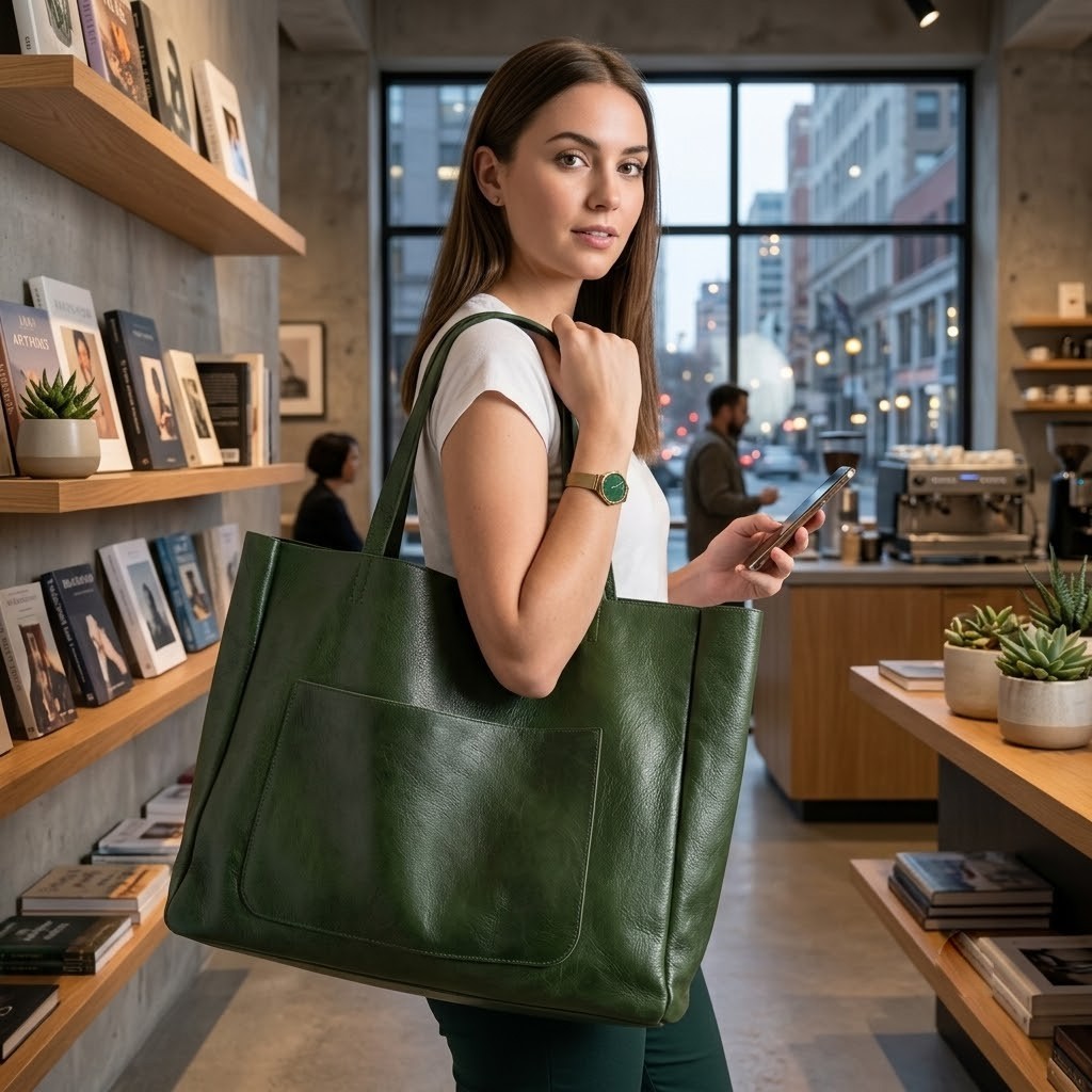 Large Green Leather Tote Bag Women Shoulder Handbag Shopper Laptop Work Travel