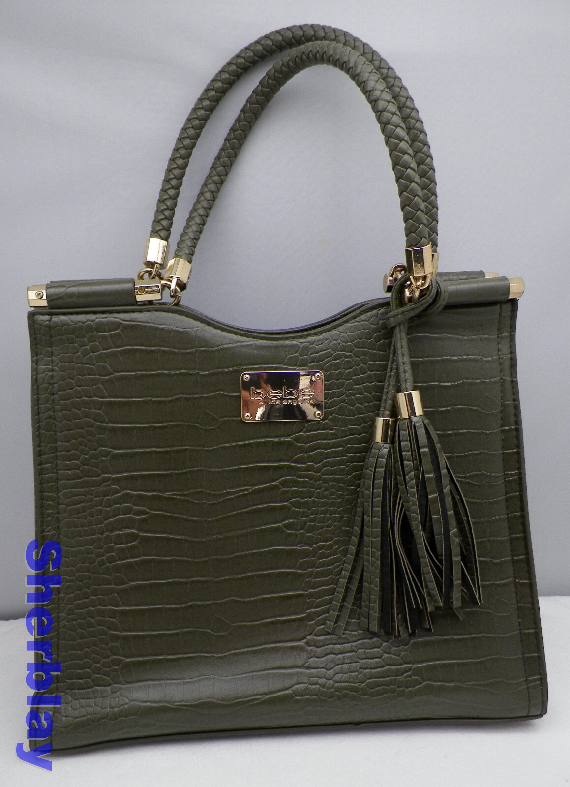 Bebe Green Faux Leather Natalie Satchel Bag Braided Handles Medium to large SZ