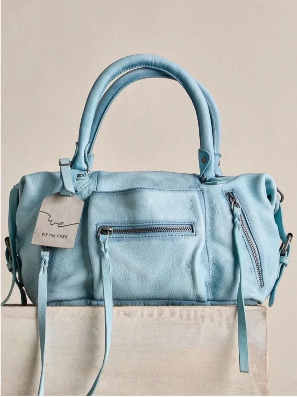 Free People baby emerson tote washed sail blue leather double handle crossbody