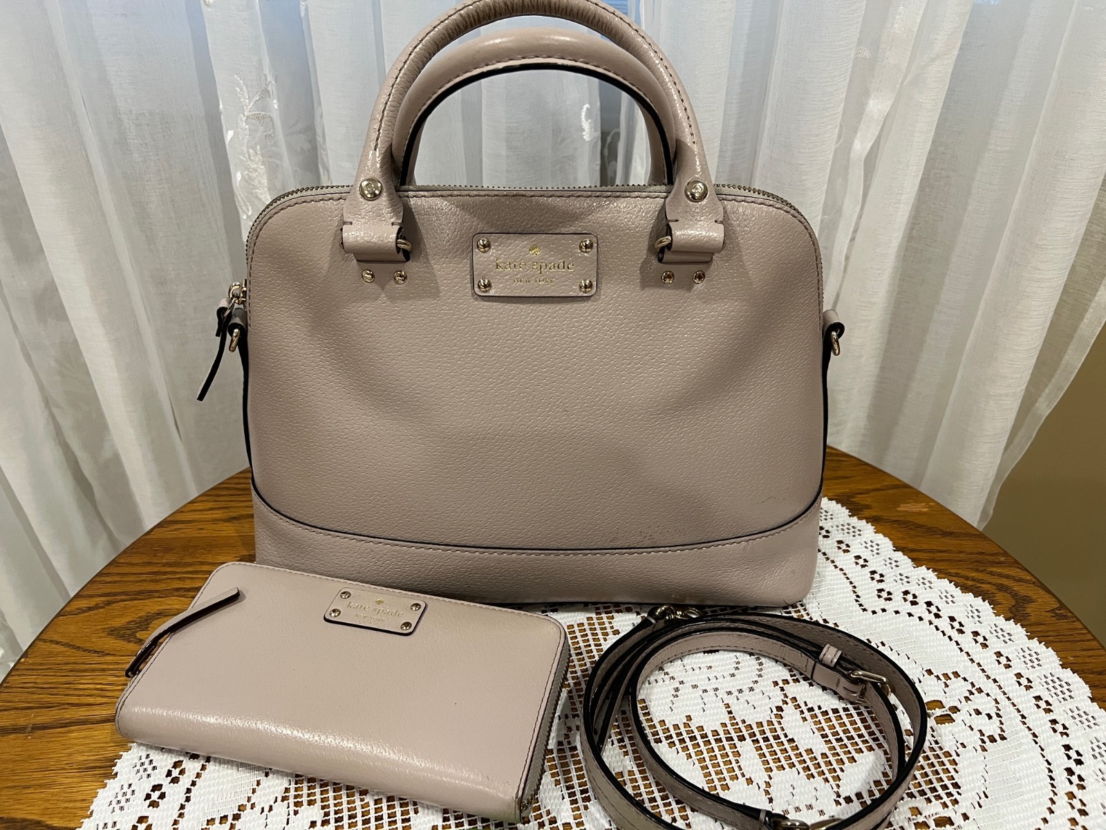 Kate Spade York Wellesley Rachelle Dome Taupe Leather Satchel Handbag & Wallet